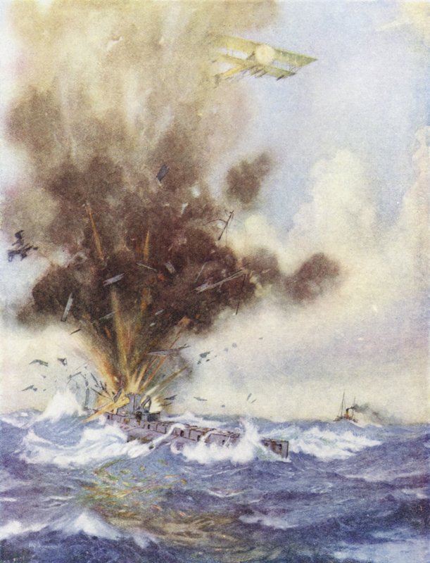 Squadronleider Arthur Bigsworth valt een Duitse onderzeeër aan met bommen, die volloopt en zinkt bij Oostende, België, 26 augustus 1915 door H. G. Swanwick