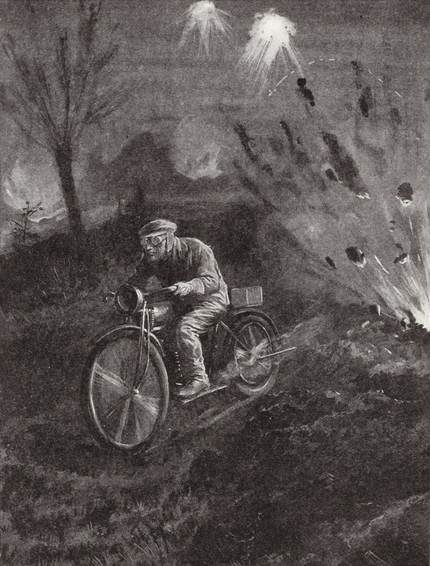 Lance-Corporal C C Parrott brengt berichten op zijn motorfiets langs wegen die door granaatvuur worden bestreken, Eerste Wereldoorlog door H. Ripperger