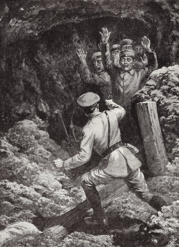 Luitenant Morland maakt achttien Duitsers gevangen in een mijn in Givenchy, Frankrijk, mei 1915 door H. Ripperger