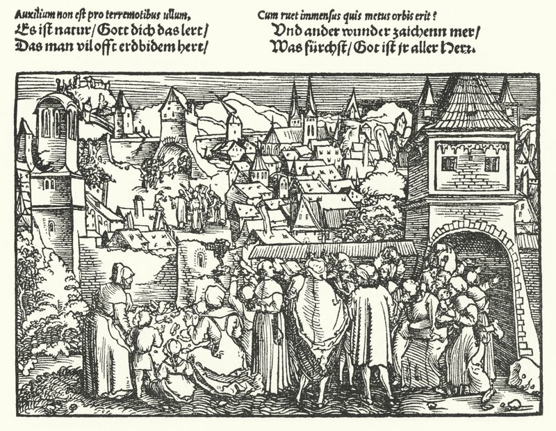 De aardbeving (gravure) door Hans (after) Burgkmair