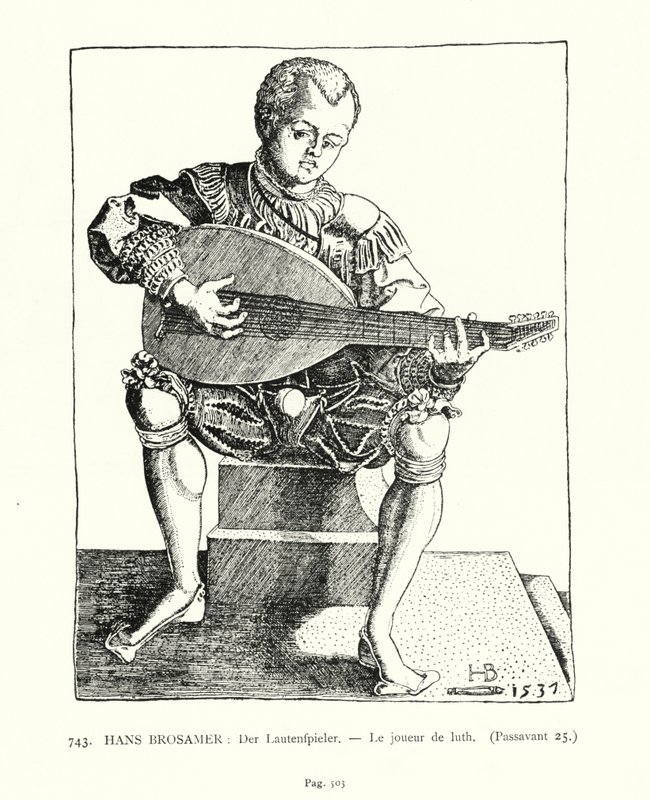 De luitspeler (gravure) door Hans Brosamer