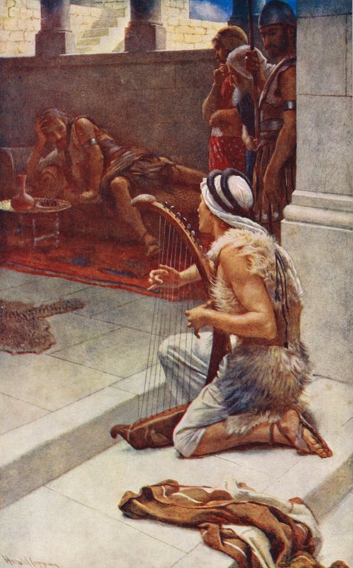 Oude Testament: David de Musicus (kleur litho) door Harold Copping