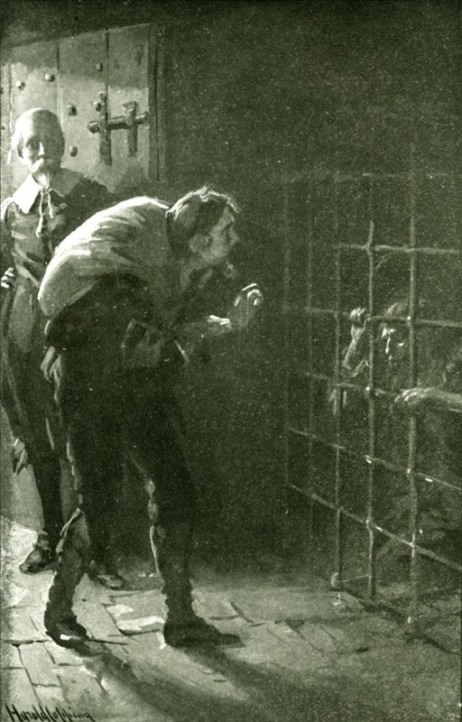 De man in de ijzeren kooi (litho). door Harold Copping