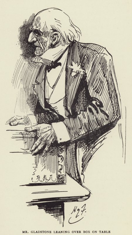 Mr Gladstone leunt over Doos op Tafel door Harry Furniss