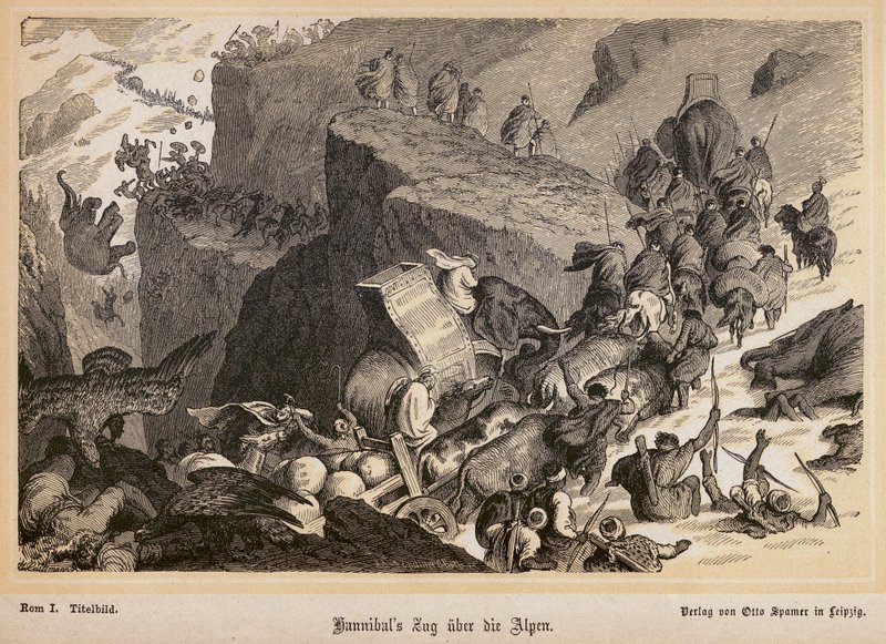 Hannibal steekt de Alpen over (gravure) door Heinrich Leutemann