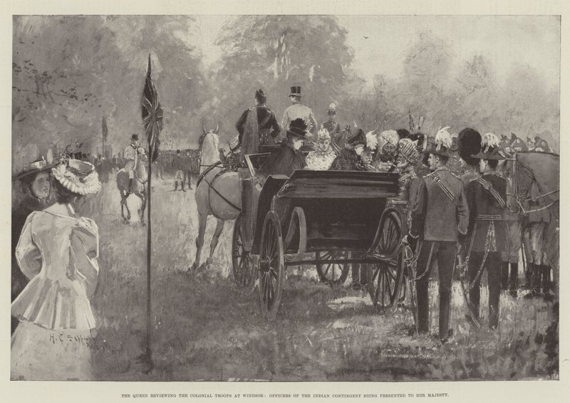 De koningin inspecteert de koloniale troepen in Windsor, officieren van het Indiase contingent worden aan Hare Majesteit voorgesteld door Henry Charles Seppings Wright
