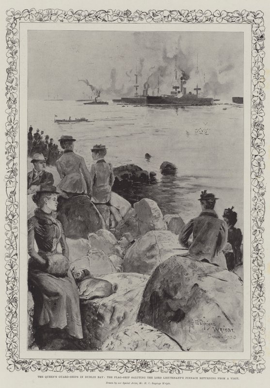 De koninklijke wacht-schepen in Dublin Bay, het vlaggenschip groet de pinas van de Lord Lieutenant die terugkeert van een bezoek door Henry Charles Seppings Wright