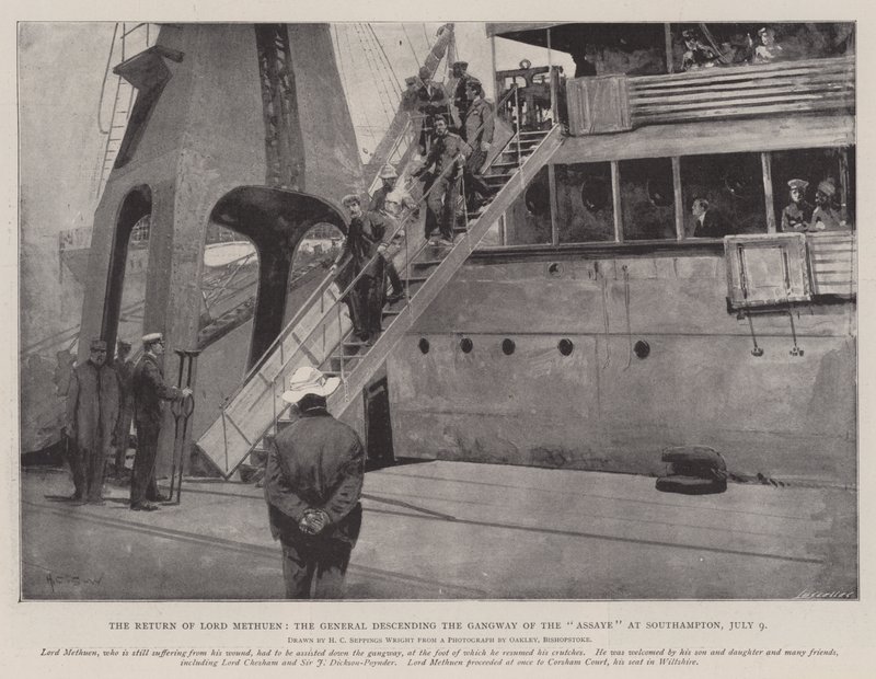 De Terugkeer van Lord Methuen, de Generaal daalt de Loopplank van de Assaye af in Southampton, 9 juli door Henry Charles Seppings Wright