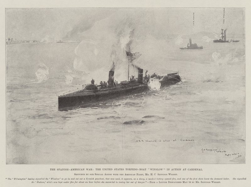 De Spaans-Amerikaanse Oorlog, de Amerikaanse Torpedoboot Winslow in Actie bij Cardenas door Henry Charles Seppings Wright