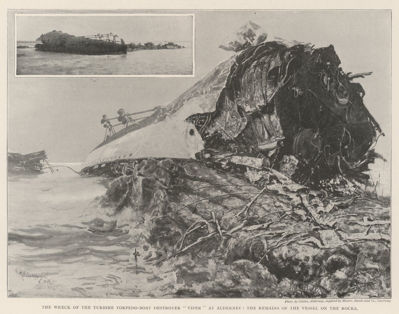 Het wrak van de Turbine Torpedo-bootvernietiger Viper bij Alderney, de resten van het schip op de rotsen door Henry Charles Seppings Wright