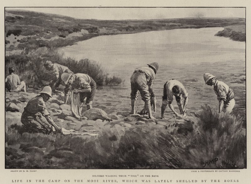 Leven in het kamp aan de Mooi-rivier, dat onlangs door de Boeren werd beschoten door Henry Marriott Paget