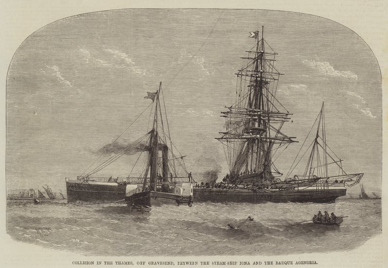 Botsing in de Theems, bij Gravesend, tussen het stoomschip Iona en de bark Agenoria door Henry Spernon Tozer