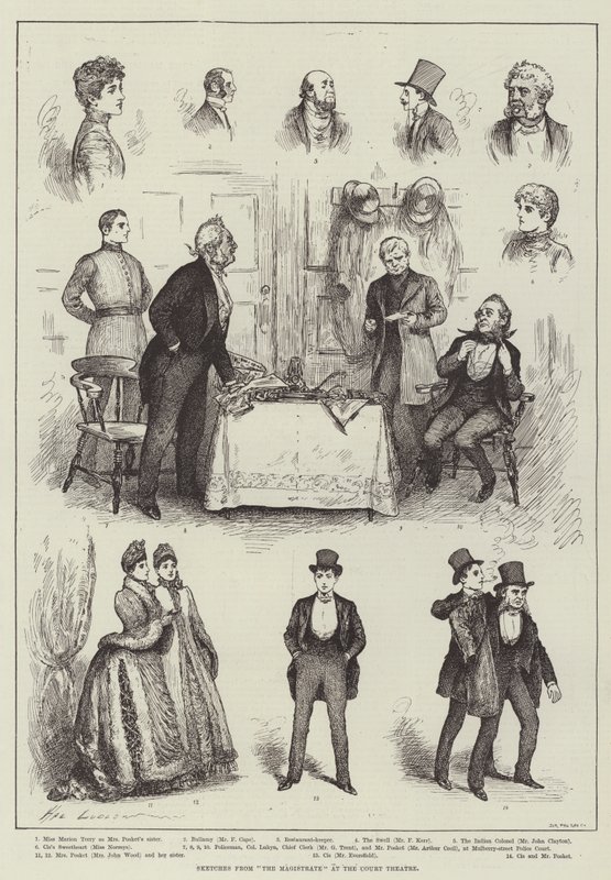 Schetsen van The Magistrate in het Court Theatre door Henry Stephen Ludlow