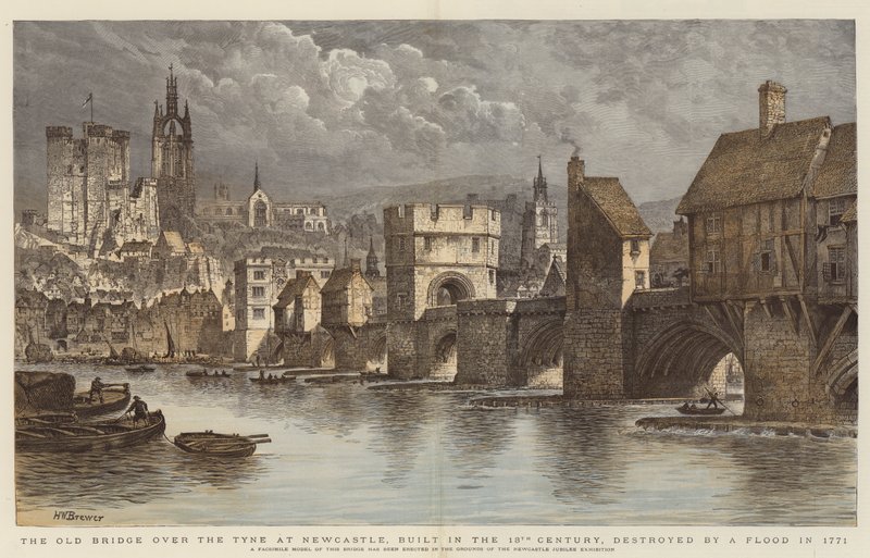 De Oude Brug over de Tyne in Newcastle, gebouwd in de 13e eeuw, vernietigd door een overstroming in 1771 door Henry William Brewer