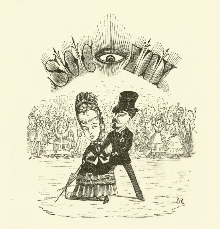 Maatschappij, met een groot OOG (gravure) door Hugh Rowley