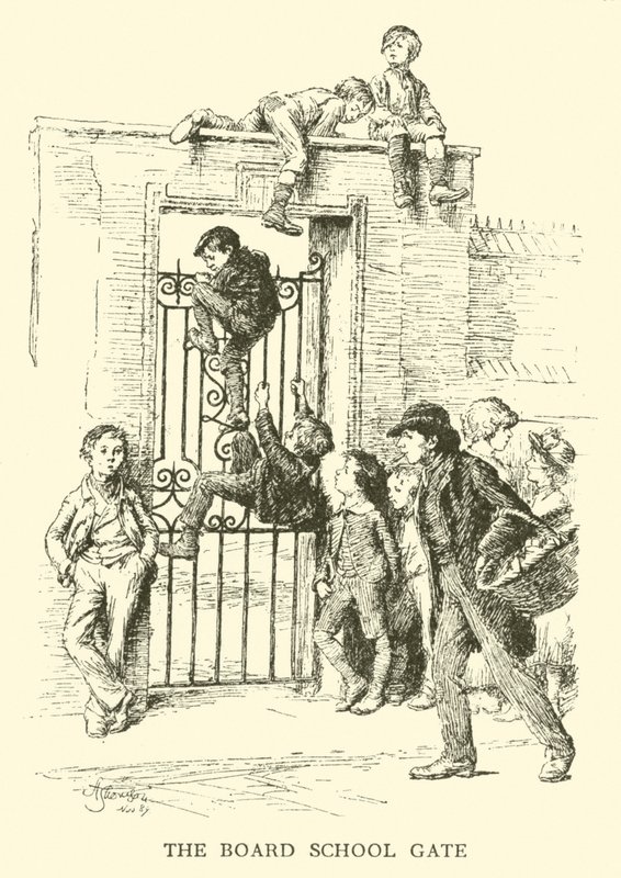 De poort van de Board School (gravure) door Hugh Thomson