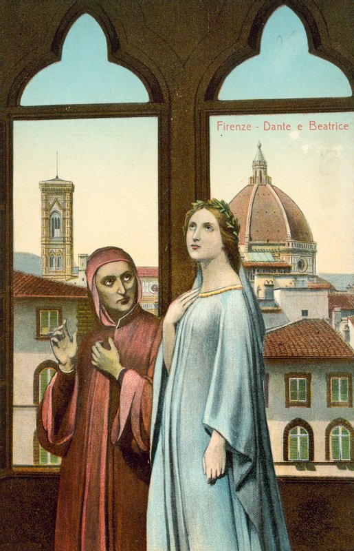 Florence, Dante en Beatrice (kleurenlitho) door Italian School