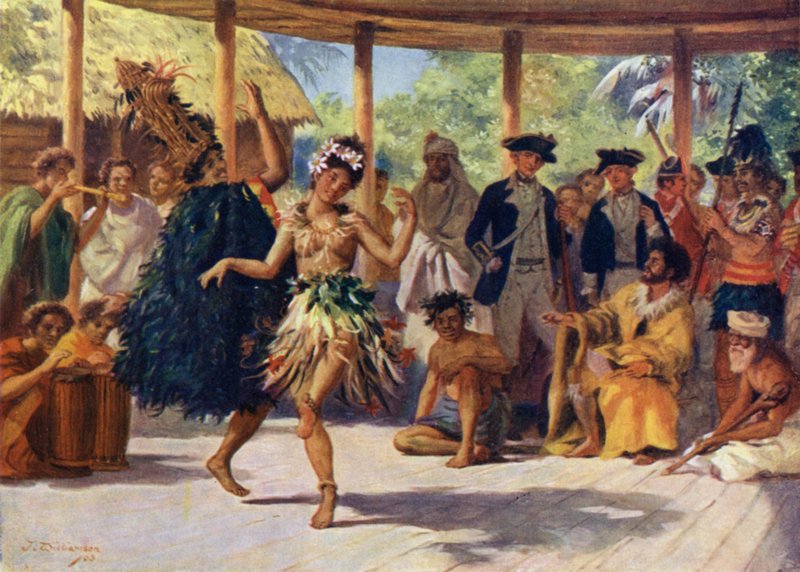Dansen in Otaheite voor Kapitein Cook door J. Williamson