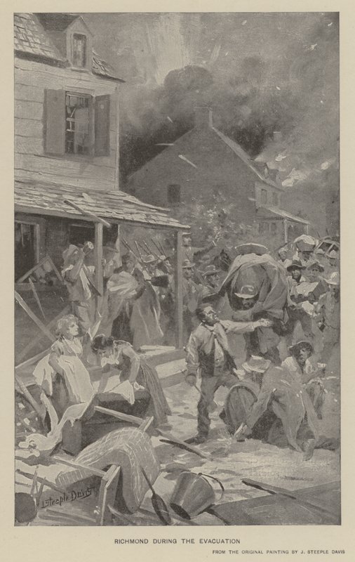 Richmond tijdens de evacuatie (litho) door J. (after) Steeple Davis