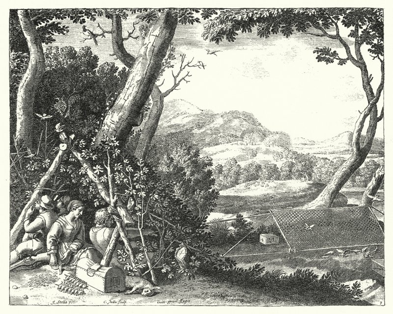 Vogels vangen (gravure) door Jacques Stella