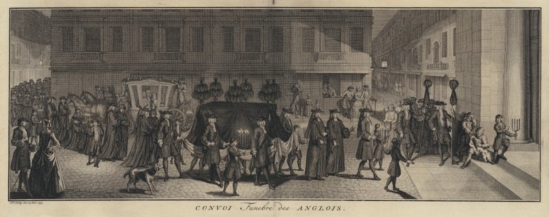 Engelse begrafenisstoet (gravure) door Jakob van der Schley