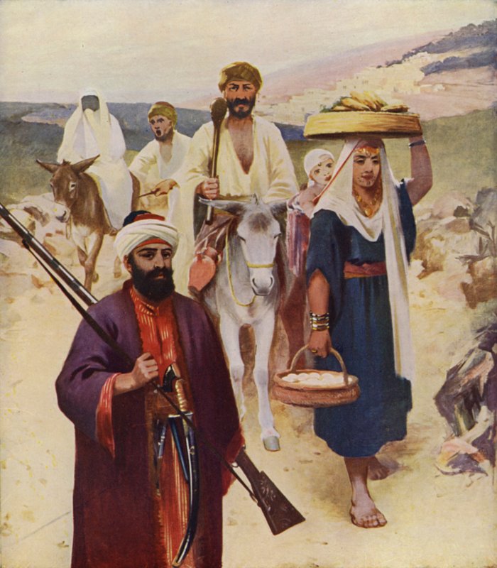 Wegscène nabij Nazareth (kleur litho) door James (after) Clark