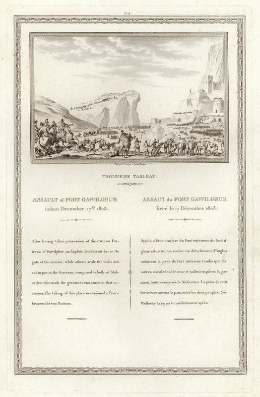 Aanval op Fort Gawilghur, genomen op 17 december 1803 door Jean Duplessi Bertaux
