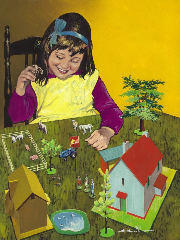 Meisje met speelgoedboerderij (gouache op papier) door Jesus Blasco