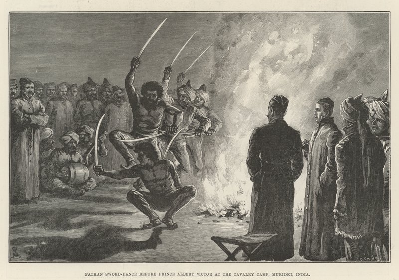 Pathan Zwaard-Dans voor Prins Albert Victor in het Cavalerie Kamp, Muridki, India door Johann Nepomuk Schonberg