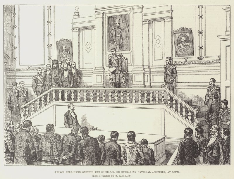 Prins Ferdinand opent de Sobranje, of Bulgaarse Nationale Vergadering, in Sofia door Johann Nepomuk Schonberg