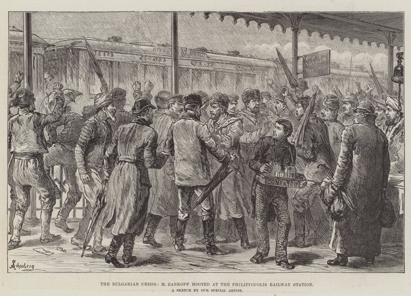 De Bulgaarse crisis, M Zankoff uitgejouwd op het Philippopolis treinstation door Johann Nepomuk Schonberg