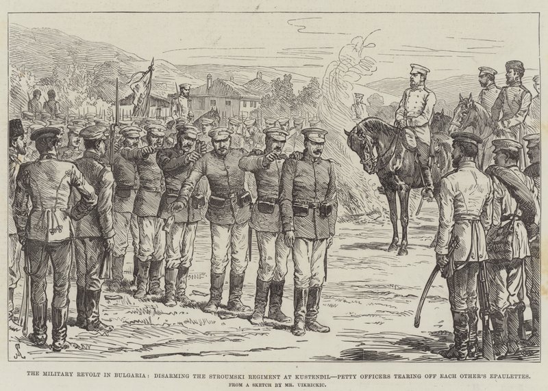 De Militaire Opstand in Bulgarije, ontwapening van het Stroumski Regiment in Kustendil, Onderofficieren scheuren elkaars Epauletten af door Johann Nepomuk Schonberg