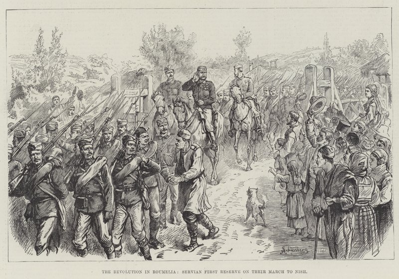 De revolutie in Roemelië, Servische Eerste Reserve op hun mars naar Nish door Johann Nepomuk Schonberg