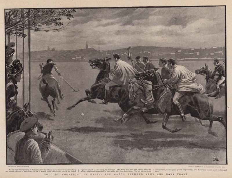 Polo bij maanlicht in Malta, de wedstrijd tussen leger- en marine teams door John Charlton