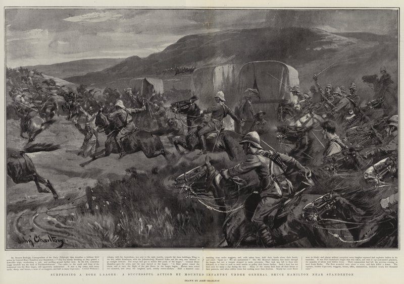 Een Boer Laager verrassen, een succesvolle actie door gemonteerde infanterie onder generaal Bruce Hamilton nabij Standerton door John Charlton