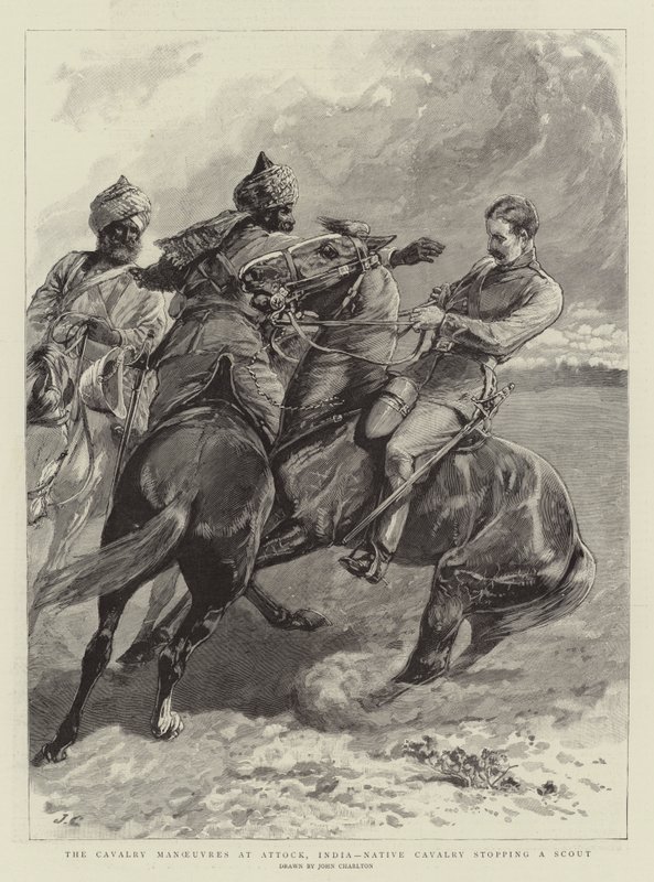 De cavalerie manoeuvres bij Attock, India, inheemse cavalerie stopt een verkenner door John Charlton