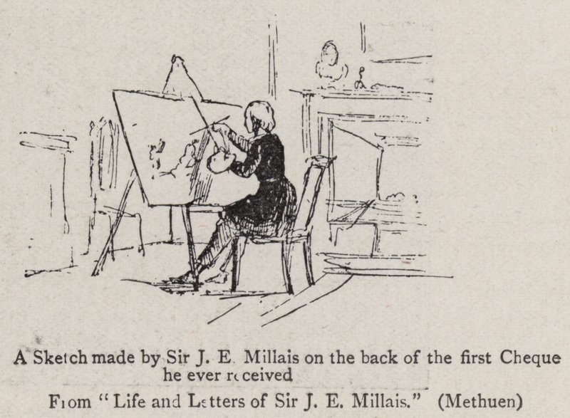 Een schets gemaakt door Sir J E Millais op de achterkant van de eerste cheque die hij ooit ontving door John Everett Millais
