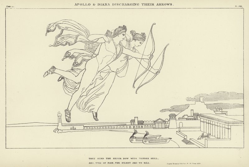 Apollo en Diana die hun pijlen afschieten door John Flaxman