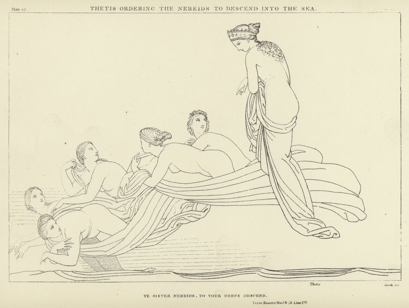 Thetis beveelt de Nereïden om in de zee af te dalen door John Flaxman