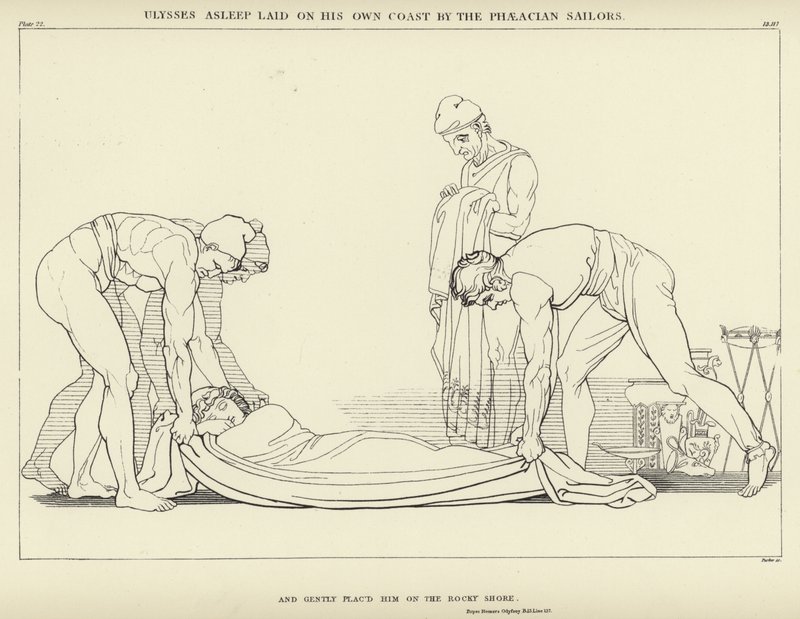 Ulysses slapend op zijn eigen kust gelegd door de Phaeacische zeelieden door John Flaxman