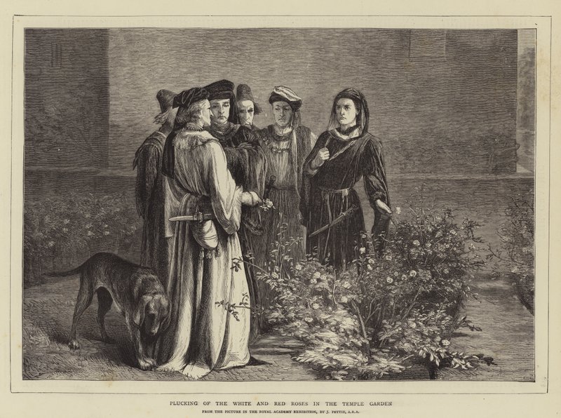 Het plukken van de witte en rode rozen in de Temple Garden door John Pettie