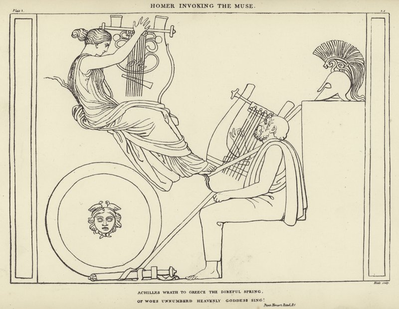 Homerus roept de Muze aan door John Flaxman