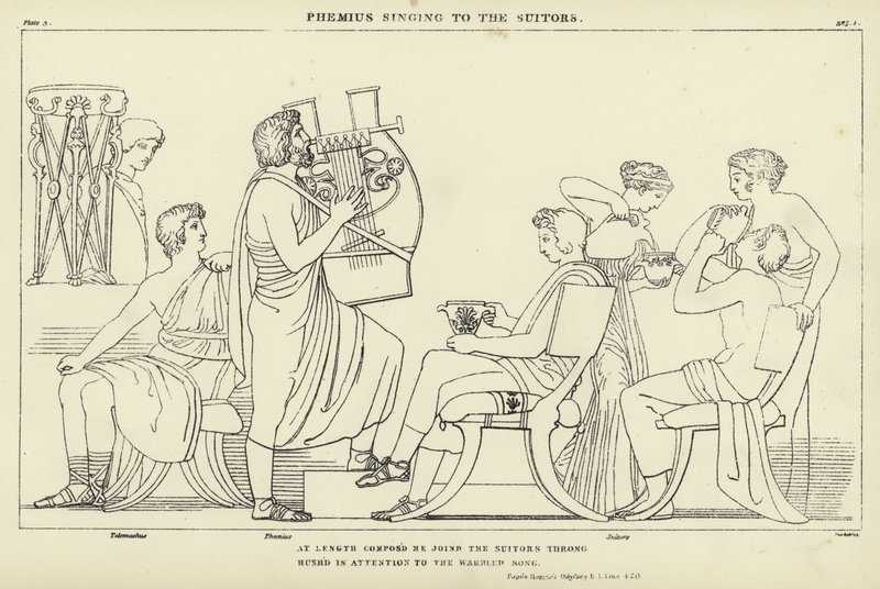 Phemius zingt voor de vrijers door John Flaxman