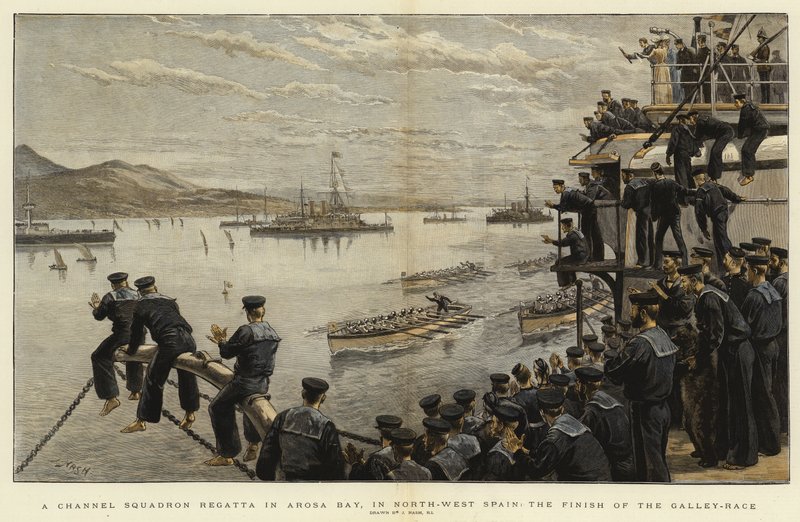 Een Channel Squadron Regatta in Arosa Bay, in Noordwest-Spanje, de finish van de galeirace door Joseph Nash