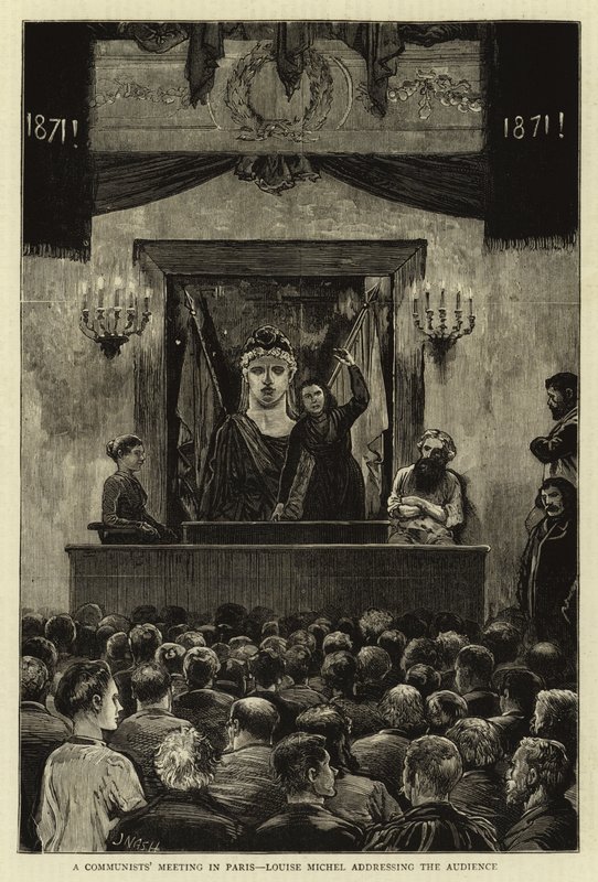 Een communistenbijeenkomst in Parijs, Louise Michel spreekt het publiek toe door Joseph Nash