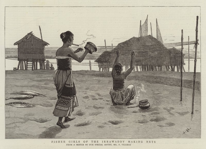 Vissersmeisjes van de Irrawaddy maken netten door Joseph Nash