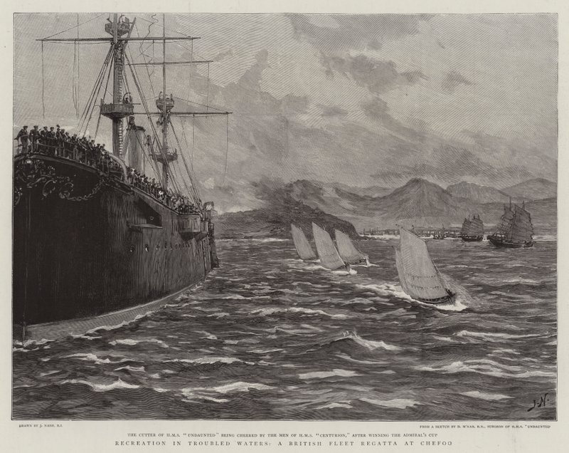 Recreatie in woelige wateren, een Britse vlootregatta bij Chefoo door Joseph Nash