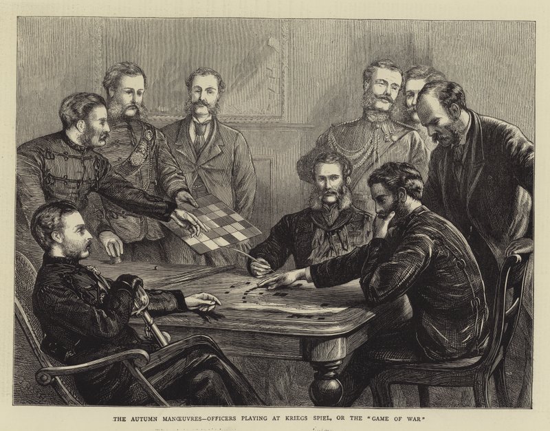 De herfstmanoeuvres, officieren spelen Kriegs Spiel, of het spel van oorlog door Joseph Nash