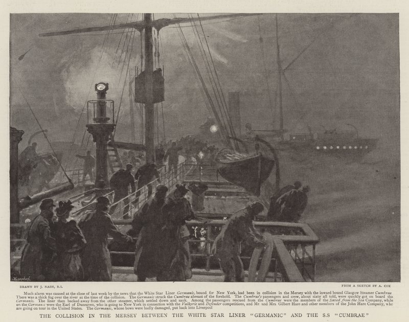 De Botsing in de Mersey tussen de White Star Liner Germanic en de SS Cumbrae door Joseph Nash