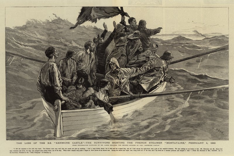 Het verlies van de S S Kenmure Castle, de overlevenden zien de Franse stoomboot Montataire, 4 februari 1883 door Joseph Nash